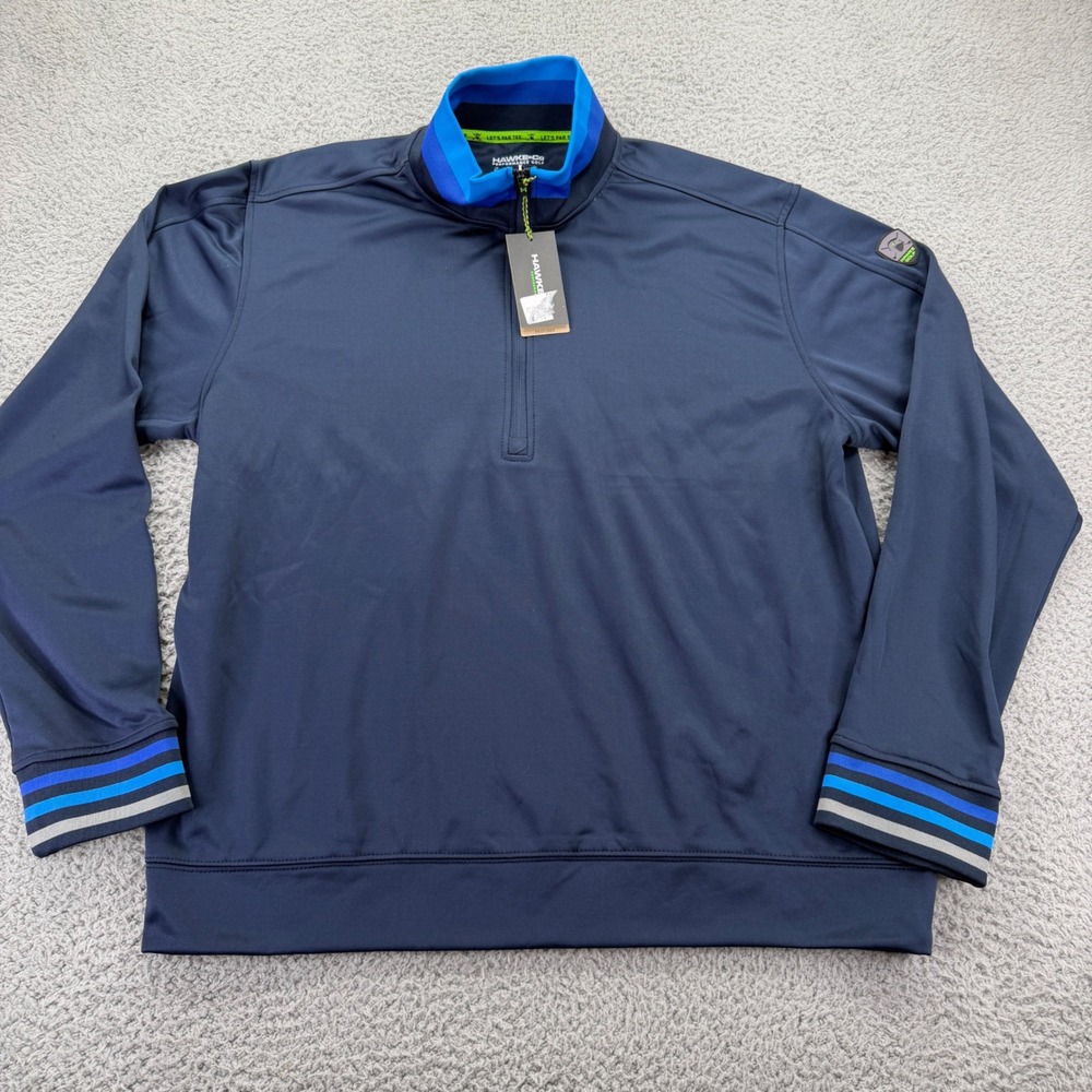 Hawke & Co Performance Golf Mens XL 1/4 Zip Pullover Navy Blue Striped Trim NEW